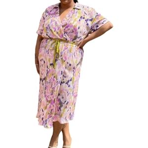 Madison+ Hudson Pink/Gold/Purple Floral Midi Faux Wrap Dress with Dolman Sleeves